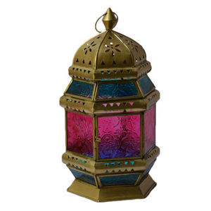 Lanterne marocaine islamique de l'Aïd, artisanale, sans flamme, design moderne, fer rose bleu, qualité supérieure, décoration de jardin et d'intérieur - Product Image 1
