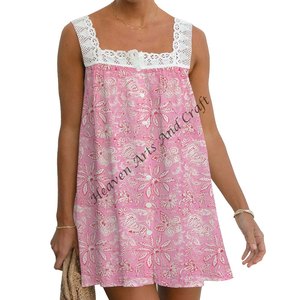Robe en coton bohème imprimée pour femmes 2026, robe à imprimé en bloc, haut en dentelle, taille unique, style doux pour la plage, robe décontractée pour filles - Product Image 6
