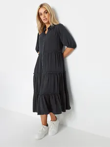 Boho Rayon Tie-Dye Summer Beach Wear Robe chemise à col rabattu pour femmes avec col en V, robe à volants boutonnée pour tout le corps - Product Image 3