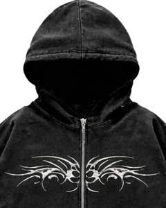 Sweat à capuche zippé noir délavé à l'acide avec imprimé tribal gothique blanc, streetwear surdimensionné pour femmes, veste en molleton de coton - Product Image 5