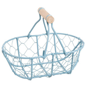 Light Blue Metal Wire <b>Bread</b> Basket With Wooden Handle Portable Retro Kitchen Fruit Vegetable & Egg <b>Storage</b> Decorative Organizer - Product Image 1