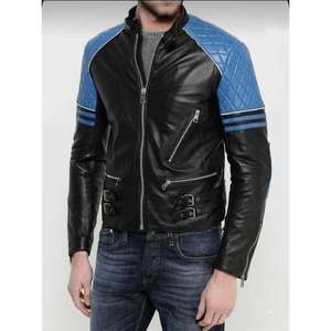 Veste de motard en cuir véritable et toile, imperméable, coupe-vent, unisexe, hiver, col mandarin, fermeture éclair, logo sur le devant - Product Image 6