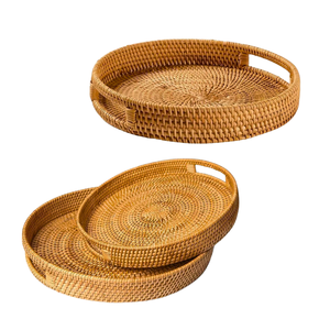 CESTA/BANDEJA DE RATTAN DE Mimbre Redonda Artesanal Ideal PARA EL Desayuno EN LA Cama, Servir Té o Decoración - Product Image 1