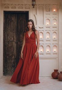 Maxi vestido bohemio informal de algodón, rojo óxido, estilo Vintage, cuerda trenzada, transpirable, ecológico, rayón, estampado sólido para verano y otoño - Product Image 4