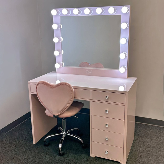 Pink Makeup Vanity Table 5 Drawer LED Mirror Heart Swivel Chair Set MDF Bedroom Dressing Table OEM Custom Factory