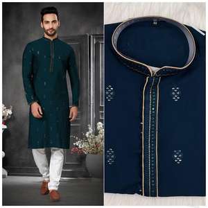 Pyjama Kurta en soie de coton lourd avec broderie lourde pour hommes, mariage traditionnel, mode Maruti MF775 - Product Image 6
