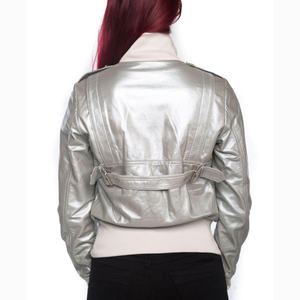 2025 chaqueta de cuero de piel de cordero de Color plateado con botones para mujer, camisa informal, chaqueta de cuero de manga larga para mujer con bolsillo de busto - Product Image 3