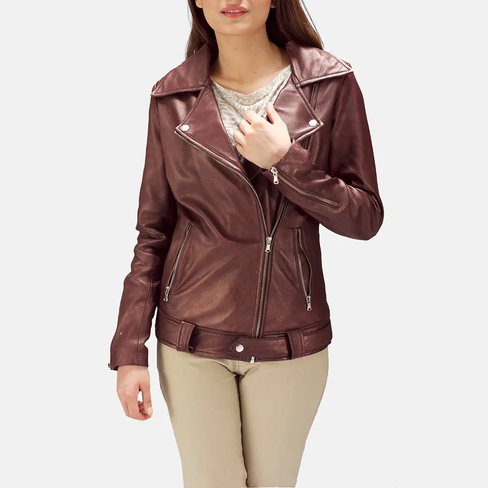 Giacca da donna Maroon Biker giacca in vera pelle donna Look fantastico giacca da donna in pelle Slim Fit