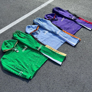 Prince Industry Winter Cropped Hoodie Ensemble de pantalons empilés Capuche doublée de satin avec sérigraphie Logo Design Drawstrings Sweat Suit - Product Image 3