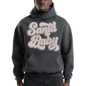 Sweat à capuche d'hiver pour homme en coton lourd de haute qualité, avec poche kangourou, épaules tombantes, lettres personnalisées floquées, chenille et strass - Product Image 3