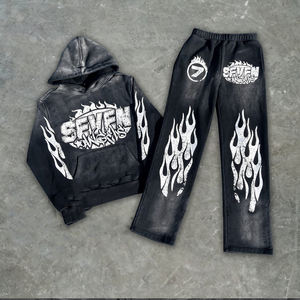 ชุดเซ็ตเสื้อฮู้ดดี้และกางเกงวอร์มผ้าหนาพิเศษแบบวินเทจสไตล์สตรีทแวร์สำหรับผู้ชาย พิมพ์ลายตามสั่ง ไซส์ใหญ่พิเศษ ลวดลายย้อมสีแบบ Acid Wash - Product Image 1