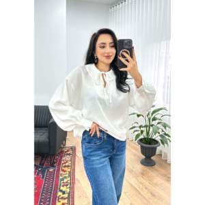 Blusa Elegante de Viscosa con Cuello de Lazo para Mujer, Marca Lustrin, Corte Holgado, Manga Larga, Color Blanco, para Oficina y Uso Casual - Product Image 3