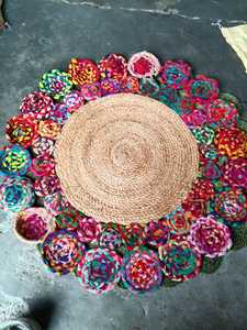 Tapis moderne en jute tressé, antidérapant, écologique, double design Tikki Chindi avec centre extérieur pour la maison, le camping ou le pique-nique - Product Image 2