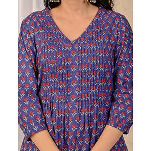 Ensemble Kurta Anarkali et pantalon imprimé bleu, style ethnique indien avec broderies, pour tenue de soirée, en coton filet - Product Image 2