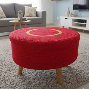 Otomana Decorativa Moderna de Algodón Rojo, Trenzada a Mano, Móvil, Redonda, de 2 Piezas - Product Image 1