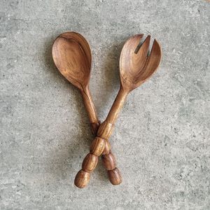 Ensemble de service à salade de luxe 2 pièces avec serveur à salade en bois de qualité supérieure, couleur naturelle, vaisselle de qualité alimentaire, ensemble de couverts - Product Image 3