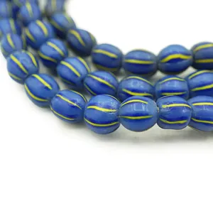 Antique African Tribal Trade <b>Beads</b> Blue Melon Striped Pattern Handcrafted <b>Crystal</b> Lampwork Glass <b>Beads</b> for Jewelry - Product Image 1