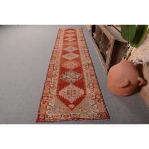 Tapis turc vintage grand 2,8x12 pieds classique rouge beige motif abstrait laine matériau 10mm Latex pour couloir chambre décor - Product Image 1