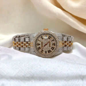 Montre personnalisable de luxe entièrement sertie de diamants, chiffres romains, style hip-hop, en acier inoxydable, pour rappeur. - Product Image 2