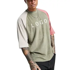 Camiseta de corte e costura 240 g/m2 com ombro pesado, camiseta de bloco de cores em dois tons, camiseta masculina, 2024