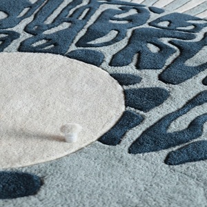 Tapis rond fait main de luxe en laine 100% Tencel à poils longs, style moderne, anti-taches, avec support en toile, pour salon, bleu - Product Image 4