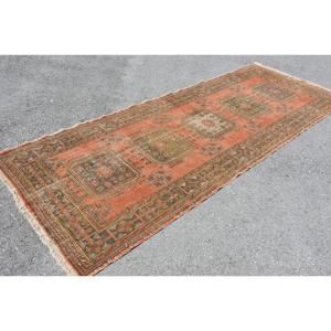 4.5x11.7 ft Turkish <b>Red</b> Ikat Vintage <b>Wool</b> Rug Eco Friendly Patchwork Design with Latex Backing - Product Image 5