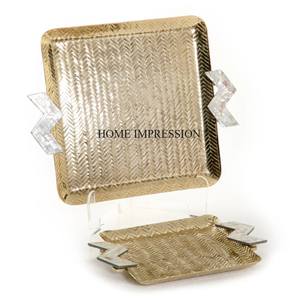 Bandeja DE SERVICIO DE ALUMINIO chapado en oro elegante y decorativa de alta calidad Aspecto más atractivo con soporte de base de diseño en forma de hoja - Product Image 6