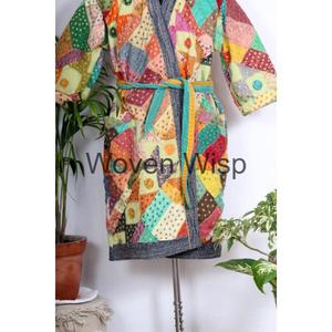 手作りの女性の冬のコートコットンカンタキルトジャケットエスニック自由奔放に生きるパッチワークファインインディアンカンタワークロングジャケット - Product Image 6