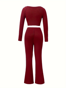 <b>Womens</b> Long Sleeve <b>Crop</b> Top & High-Waist Flare Pants and Zip Hoodie & High-Waisted <b>Legging</b> Set - Product Image 3