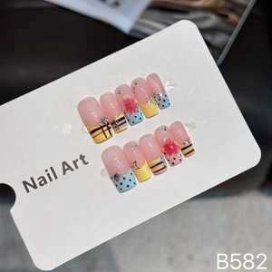 <span class=keywords><strong>Uñas</strong></span> Postizas Hechas a Mano B582, Almendradas, Manicura Francesa, Rosa Pastel, Amarillo, Azul, <span class=keywords><strong>con</strong></span> Puntos, <span class=keywords><strong>Rayas</strong></span>, Estrellas y Flores - Product Image 2