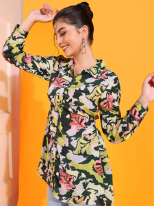 Vestido túnica de poliéster con estampado floral verde para mujer, con mangas largas y cuello camisero, diseñado para un uso cómodo y recto. - Product Image 4