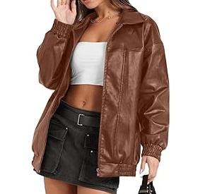 Chaquetas de Cuero Genuino para Mujer al por Mayor, Chaqueta Sólida de Manga Larga para Mujer, Diseño OEM, Logotipo, Chaqueta de Cuero Transpirable de Color Marrón - Product Image 2