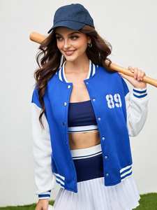 Veste de sport en molleton épais vintage à contraste de couleur pour femmes, broderie personnalisée, veste d'hiver - Product Image 4