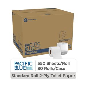 Pacific <b>Blue</b> Basic Standard <b>Roll</b> Embossed 2-Ply Toilet Paper, 4" x 3.8", 550 Sheets/<b>Roll</b>, 80 <b>Rolls</b>/Case (19880/01) - Product Image 1