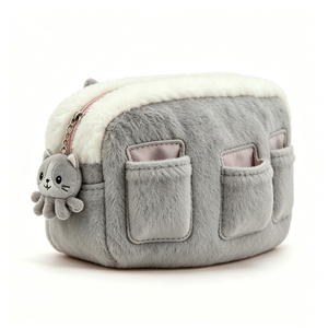 Customized grey cat plush pencil case Cute cat plush pencil pouch with charm Large capacity <b>fluffy</b> cat pen <b>bag</b> Soft plush cat - Product Image 2