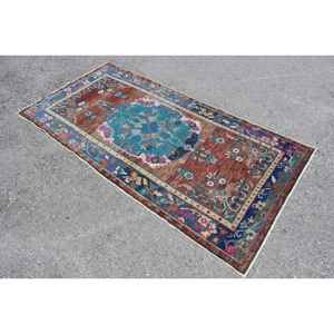 Alfombra Turca Vintage, Alfombra de 3.6x7.6 pies, Alfombra Azul Marrón con Puntos - Product Image 2