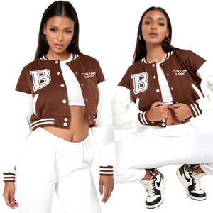 Chaqueta de béisbol con letras recortada de manga larga para mujer personalizable estilo universitario con botón frontal abierto para la temporada de invierno - Product Image 2