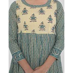 Vestido Anarkali de Algodón con Estampado de Bloques Verde Mar, Diseño Americano Largo - Product Image 2