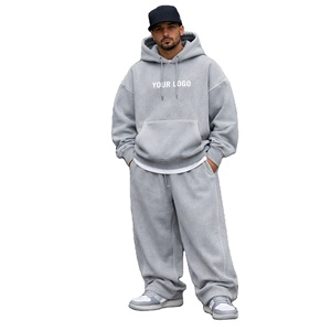 Ensemble de survêtement oversize avec surpiqûres contrastées, pantalon de jogging à jambe large et sweat à capuche, logo personnalisé, streetwear pour homme, coupe ample - Product Image 2