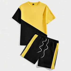 Ensemble t-shirt et short d'été deux pièces pour hommes, sport décontracté, manches courtes, polyester tricoté, imprimé avec motif en relief - Product Image 1
