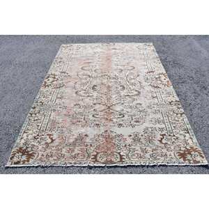 Alfombra turca clásica Vintage Beige Marrón 6,3X8,6 pies Lana hecha a mano con respaldo de látex Patrón de retazos para cabecera - Product Image 1