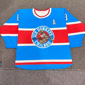 เสื้อฮอกกี้ชิคาโกไอซ์ดอนกี้ส์ - สีน้ำเงิน แต่งสีแดง/ขาว ลายการ์ตูนม้าตัวน้อยถือไม้ฮอกกี้ พร้อมโลโก้ตัวอักษร 'A' - Product Image 2