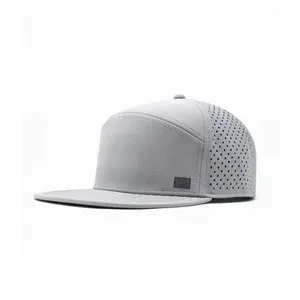 OEM Custom Laser Cut Holes Perforated Baseball Cap 5 6 7 Panels Flat Bill Brim Melin Waterproof Hat Snapback Cap With Rope