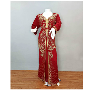 Hijab a prueba de Sol de caftán Georgette rojo marroquí lujoso de alta calidad con cuello alto y diseño bordado de manga completa para musulmanes - Product Image 1