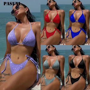 Traje de Baño Bikini de Dos Piezas para <span class=keywords><strong>Mujer</strong></span>, Sexy, Estilo Halter, Color Sólido, para Playa, Marca PASUXI - Product Image 2