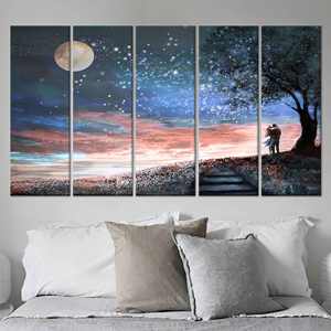 Couple sous les étoiles : œuvre d'art sur toile imprimée, scène élégante du ciel nocturne, lot de 5 toiles - Product Image 1