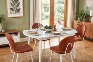 Modern <b>Extendable</b> Glass Dining <b>Table</b> Set with 4 Rust Orange Velvet Chairs White Metal <b>Legs</b> Luxury Kitchen Furniture for Home Caf - Product Image 1