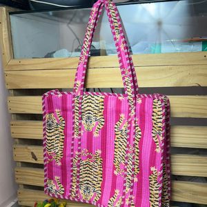 Pink Tiger Print Kantha Tote <b>Bag</b> with Zip Handmade <b>Quilted</b> Cotton Shoulder <b>Bag</b> - Product Image 1