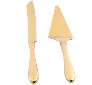 Juego de cuchillo y servidor de pastel de acero inoxidable hecho a mano con mango de diseño moderno de latón de alta calidad - Product Image 3