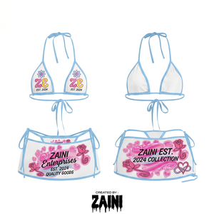 Conjunto de Bikini de Lujo para Mujer, 220 GSM, 100% Poliéster, Blanco y Azul Claro, Cintura Alta, Escote Pronunciado, Top Triangular Suave y Elástico, Falda Cruzada - Product Image 1